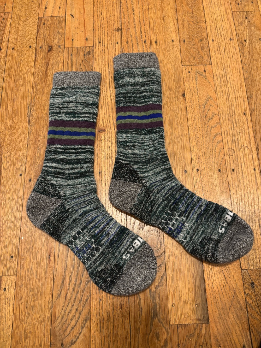 Bombas Crew Socks with Purple and Green Stripes